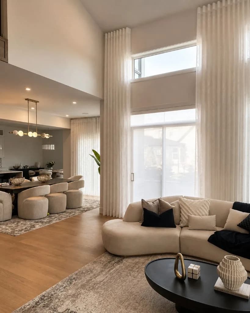 Sheer curtains framing tall windows in a modern open-plan home