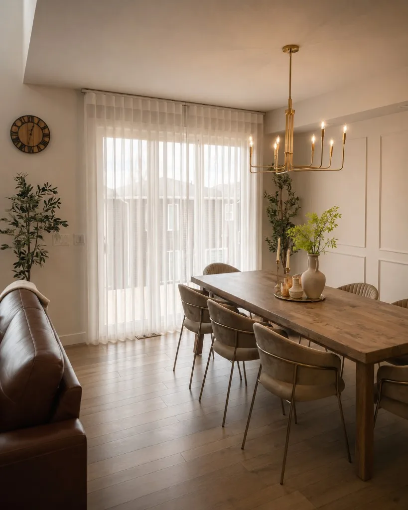 Custom drapery with roller shades in a contemporary living space